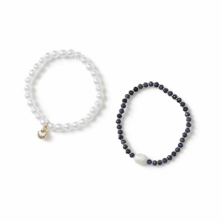 Freedom pearl and blue bead stretch bracelet set, imported from the UK