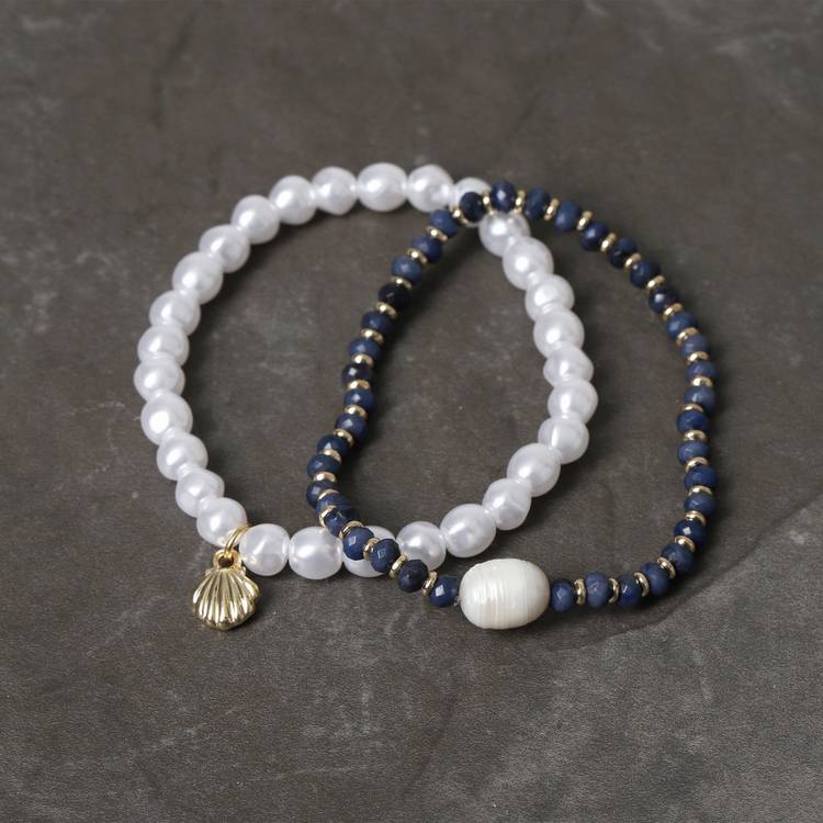 Freedom pearl and blue bead stretch bracelet set, imported from the UK