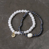 Freedom pearl and blue bead stretch bracelet set, imported from the UK