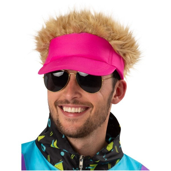 Smiffys neon pink visor hat with blonde hair (British brand)