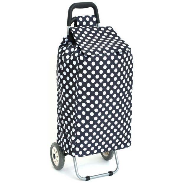 Blue and white polka dot folding shopping trolley 95cm (British brand)