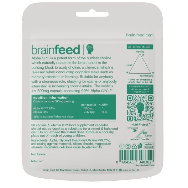 Brain Feed Alpha GPC Choline 500mg supplement, UK version