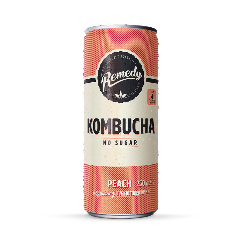 Remedy Kombucha Peach 250ml, imported from the UK