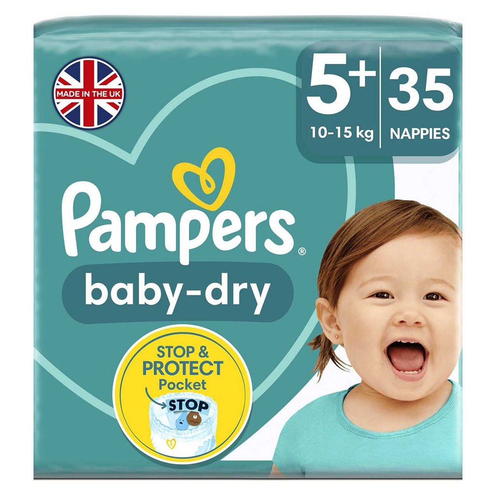 Pampers Baby-Dry Size 5+, 35 Nappies, 12kg-17kg, Essential Pack