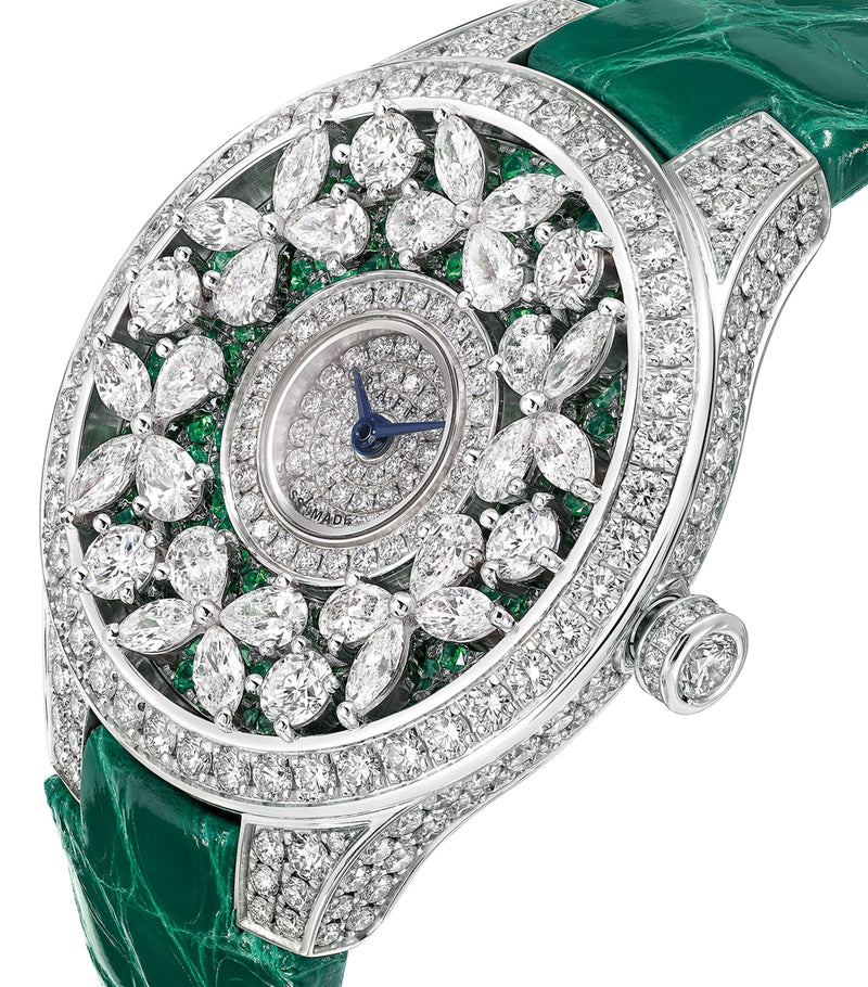 Graff white gold butterfly watch 33mm diamonds emeralds - British product
