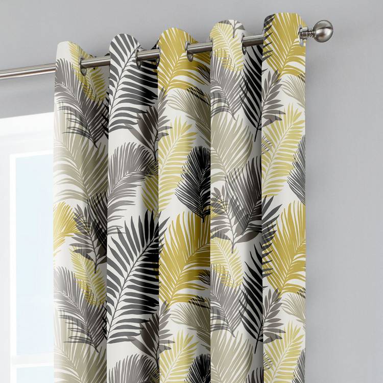 Fusion tropical palm leaf eyelet curtains ochre 117x137cm - British product