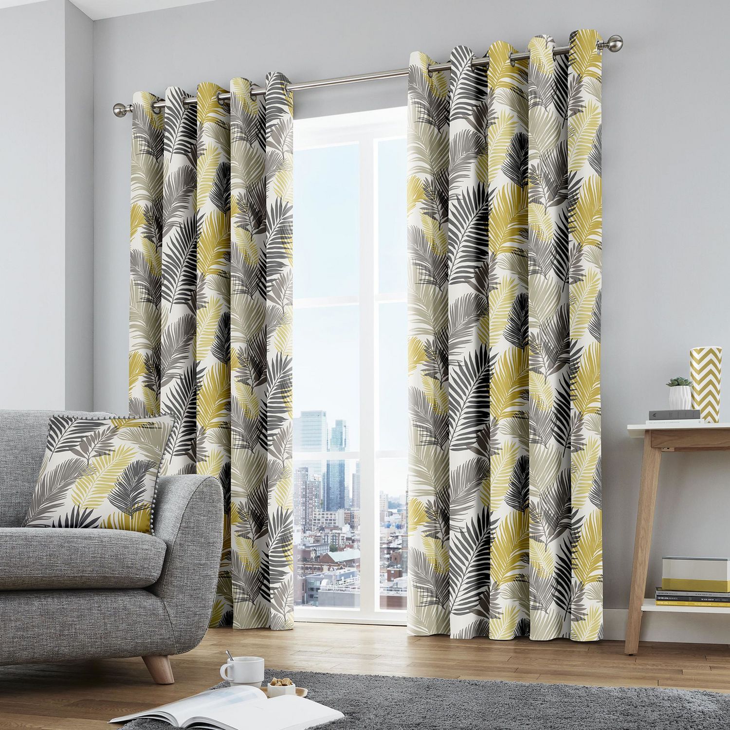Fusion Tropical Palm Leaf Eyelet Curtains Multicolour 117x137cm