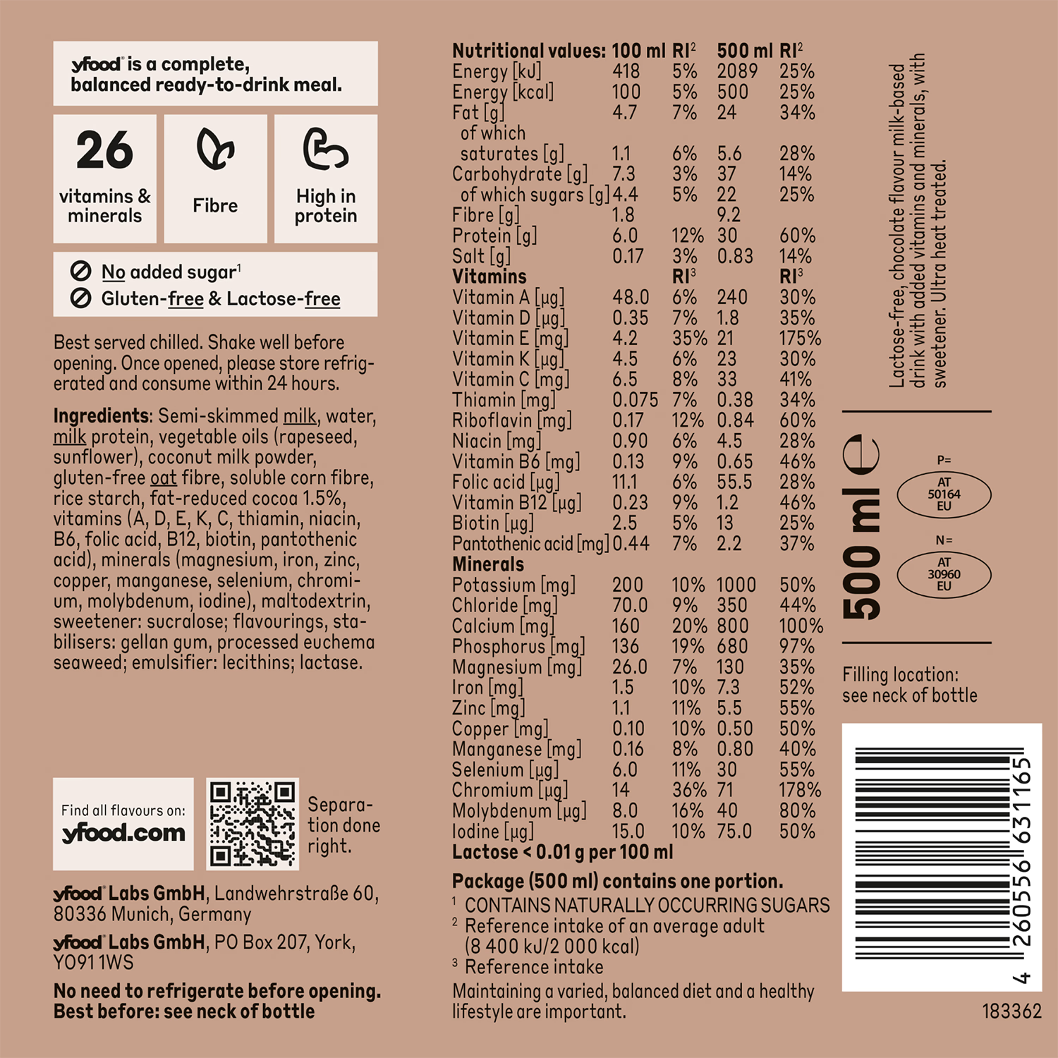 Yfood complete meal drink Classic Choco 500ml, imported from the UK