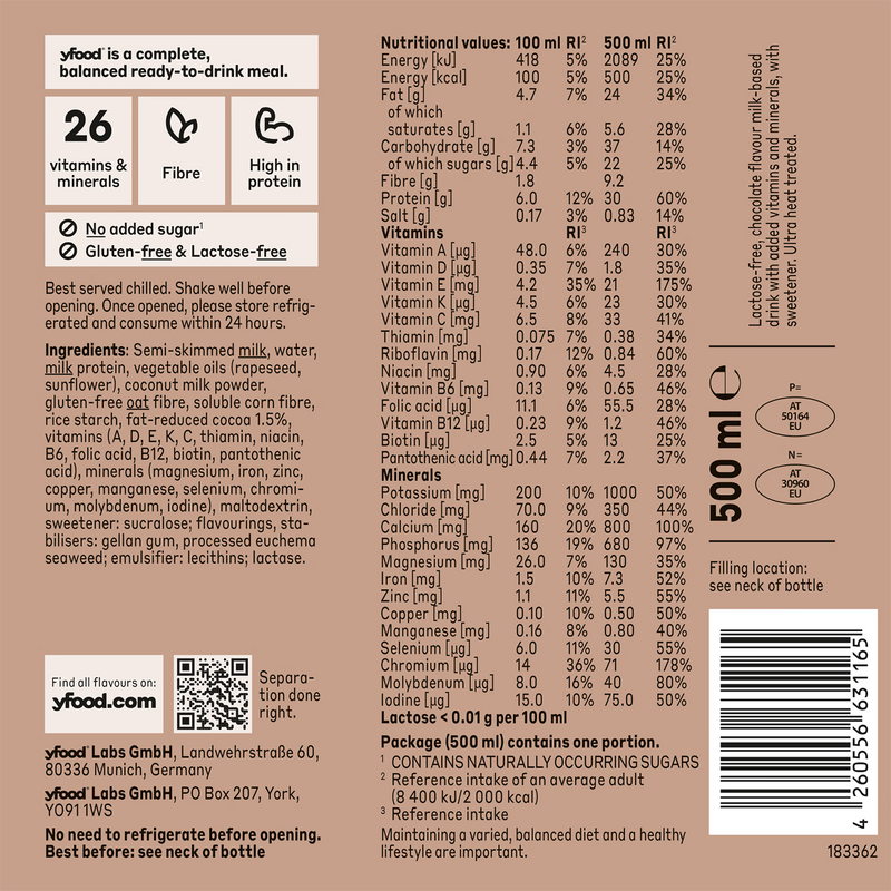 Yfood complete meal drink Classic Choco 500ml, imported from the UK