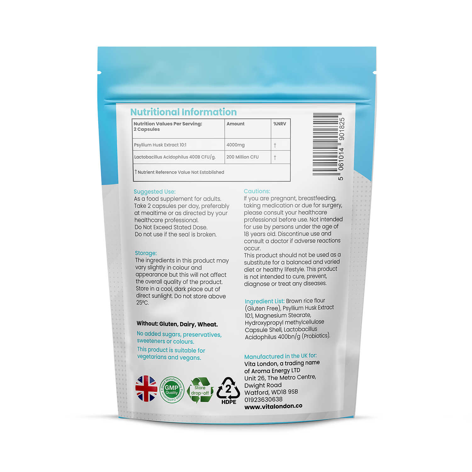 Vita London psyllium husk capsules high strength 4000mg probiotic 60 capsules - British product