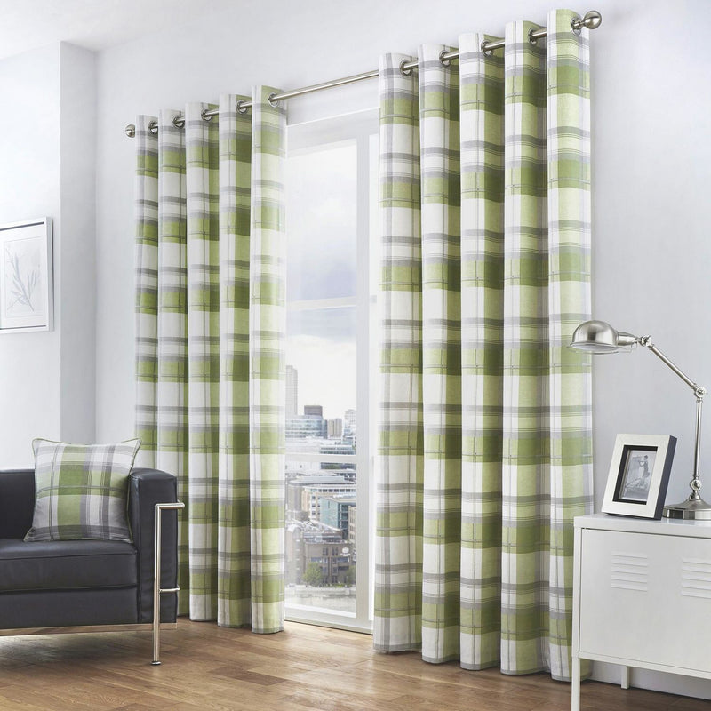 Fusion Balmoral Check Eyelet Curtains - Green - 168x183cm