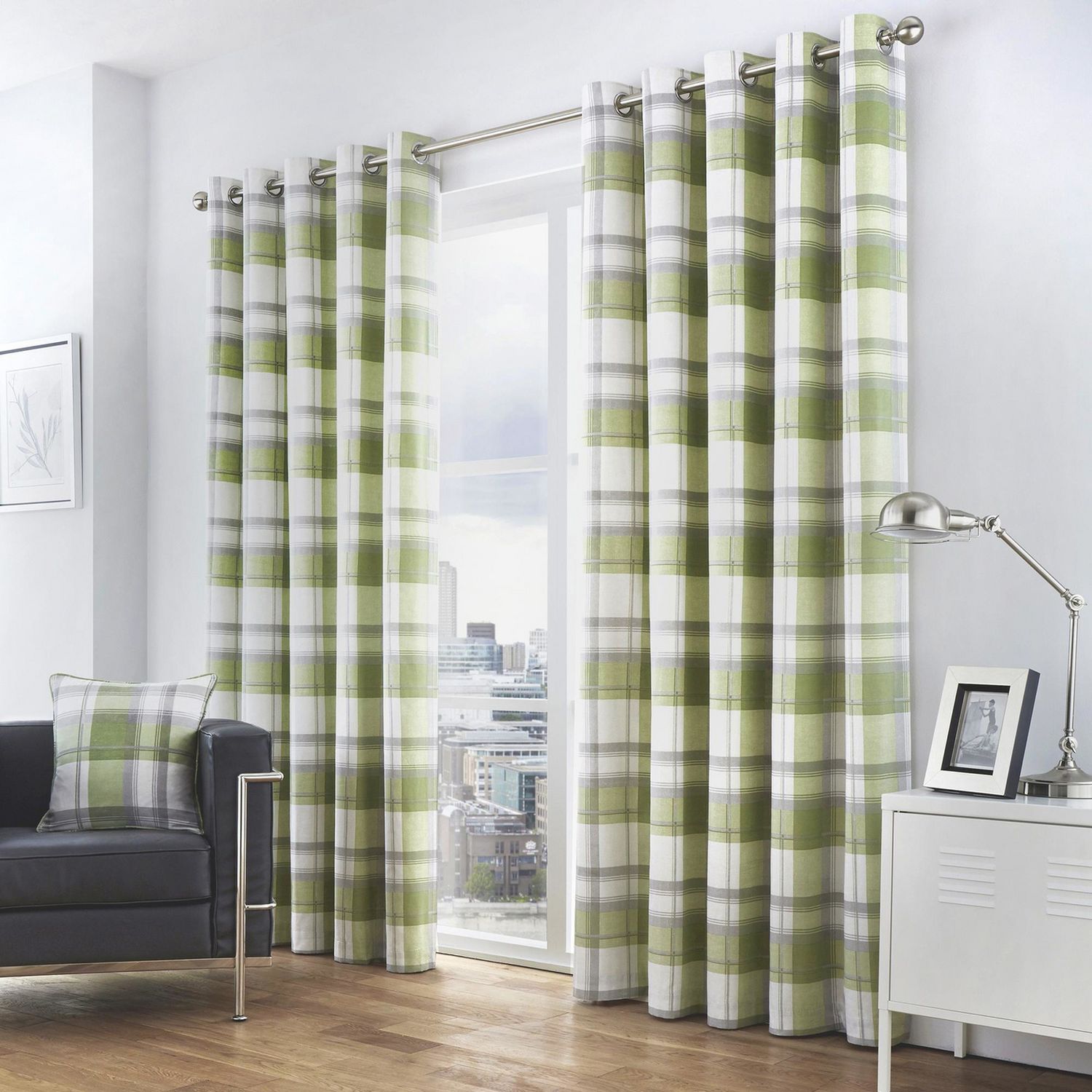 Fusion Balmoral Check Eyelet Curtains - Green - 229x183cm