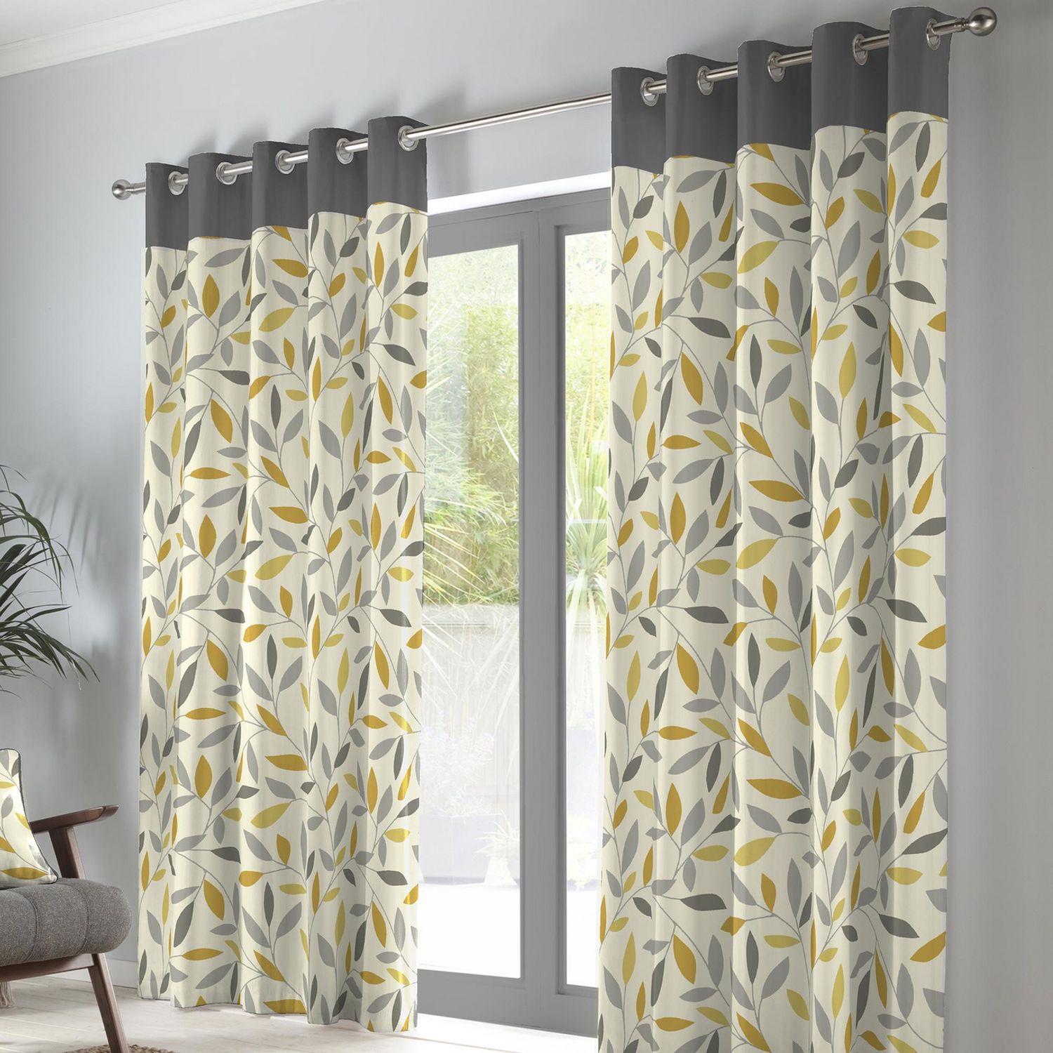 Fusion Beechwood Leaf Eyelet Curtains - Ochre - 168x229cm