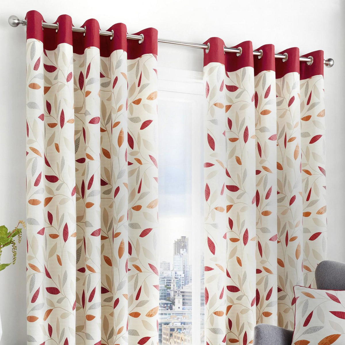 Fusion Beechwood Leaf Eyelet Curtains - Red - 168x229cm