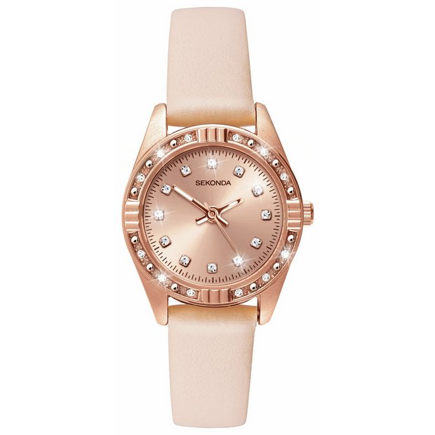 Sekonda rose gold plated stone set watch with nude strap (British brand)