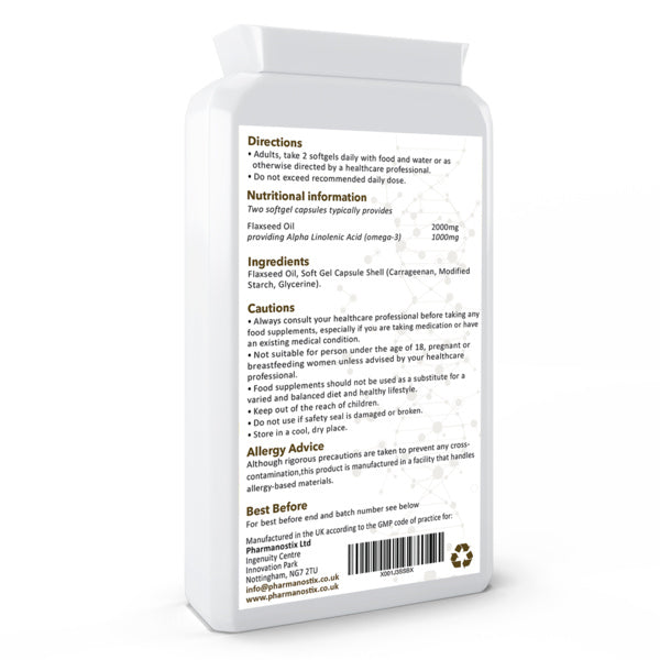 Pharmanostix Flaxseed Oil Supplement 2000mg 90 Capsules, imported from the UK