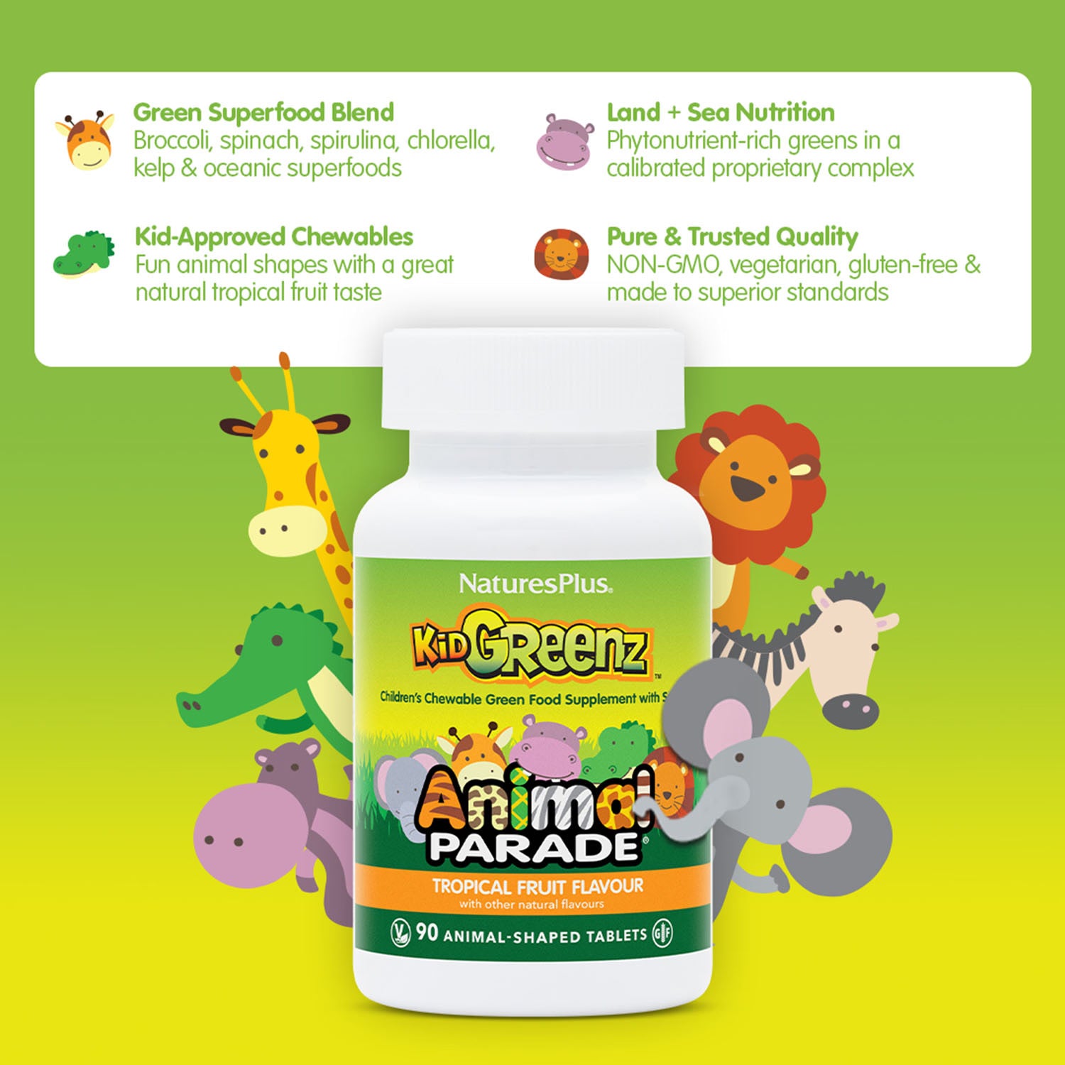NaturesPlus KidGreenz tropical fruit 90 chewables - British product