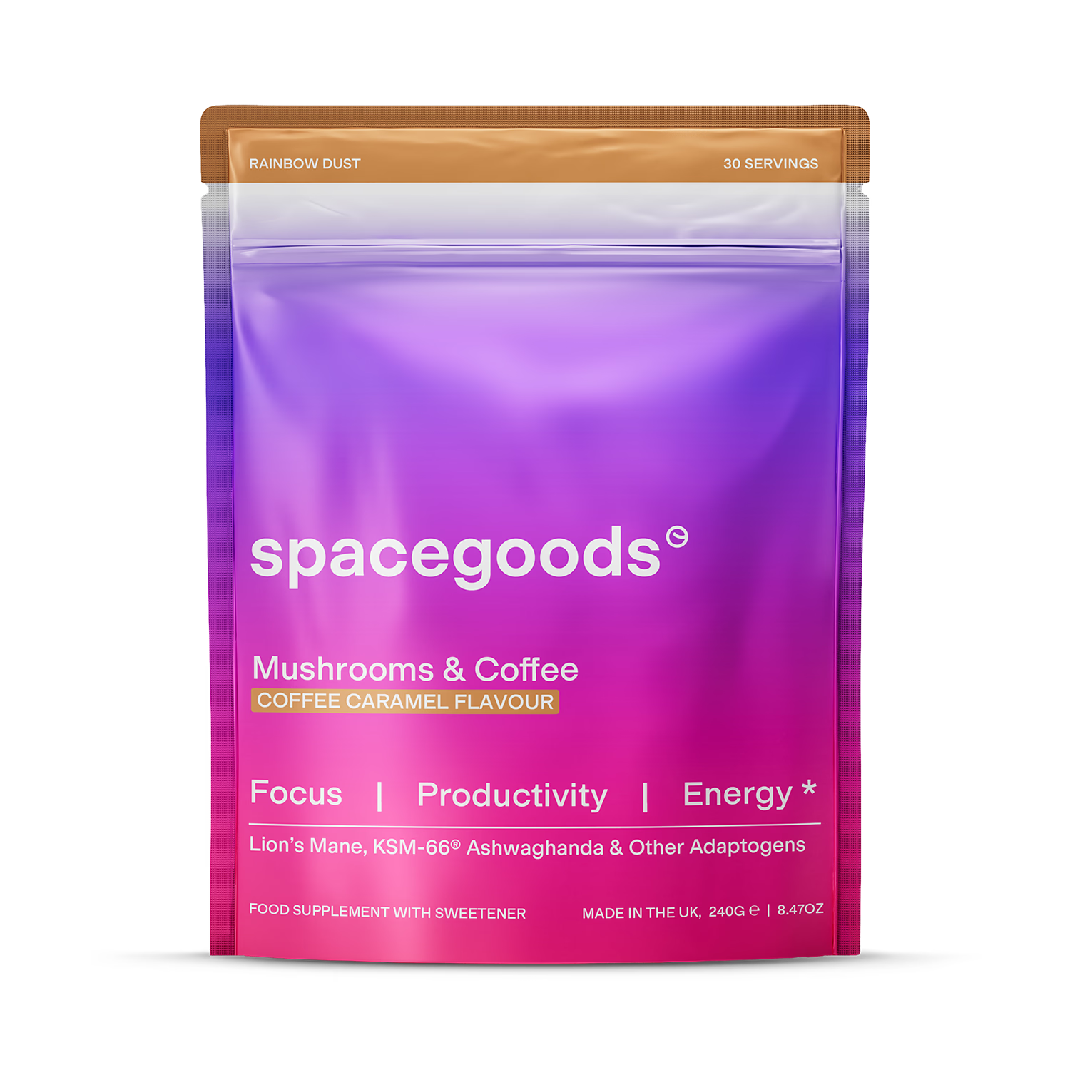 Spacegoods Rainbow Dust Coffee Caramel superfood powder 240g, imported from the UK