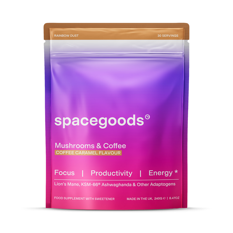 Spacegoods Rainbow Dust Coffee Caramel superfood powder 240g, imported from the UK
