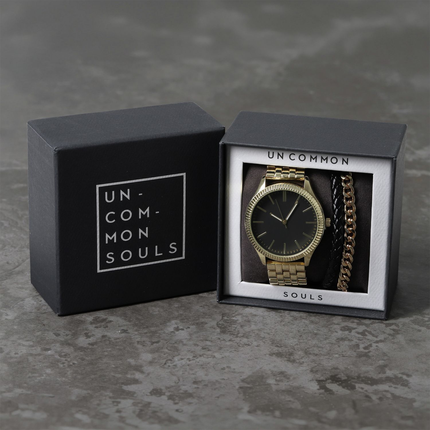 Uncommon Souls gold watch and bracelet set, UK version