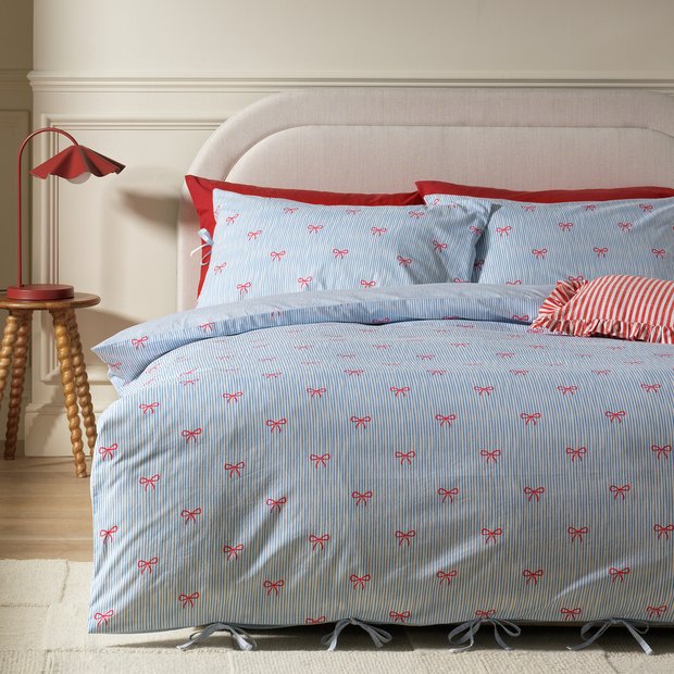 Argos Home bedding set blue stripe bows single - British product