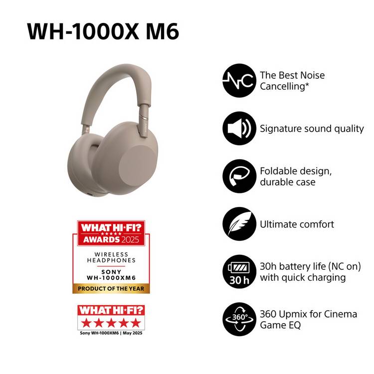 Sony WH-1000XM6 noise cancelling over-ear headphones Sandstone, UK version
