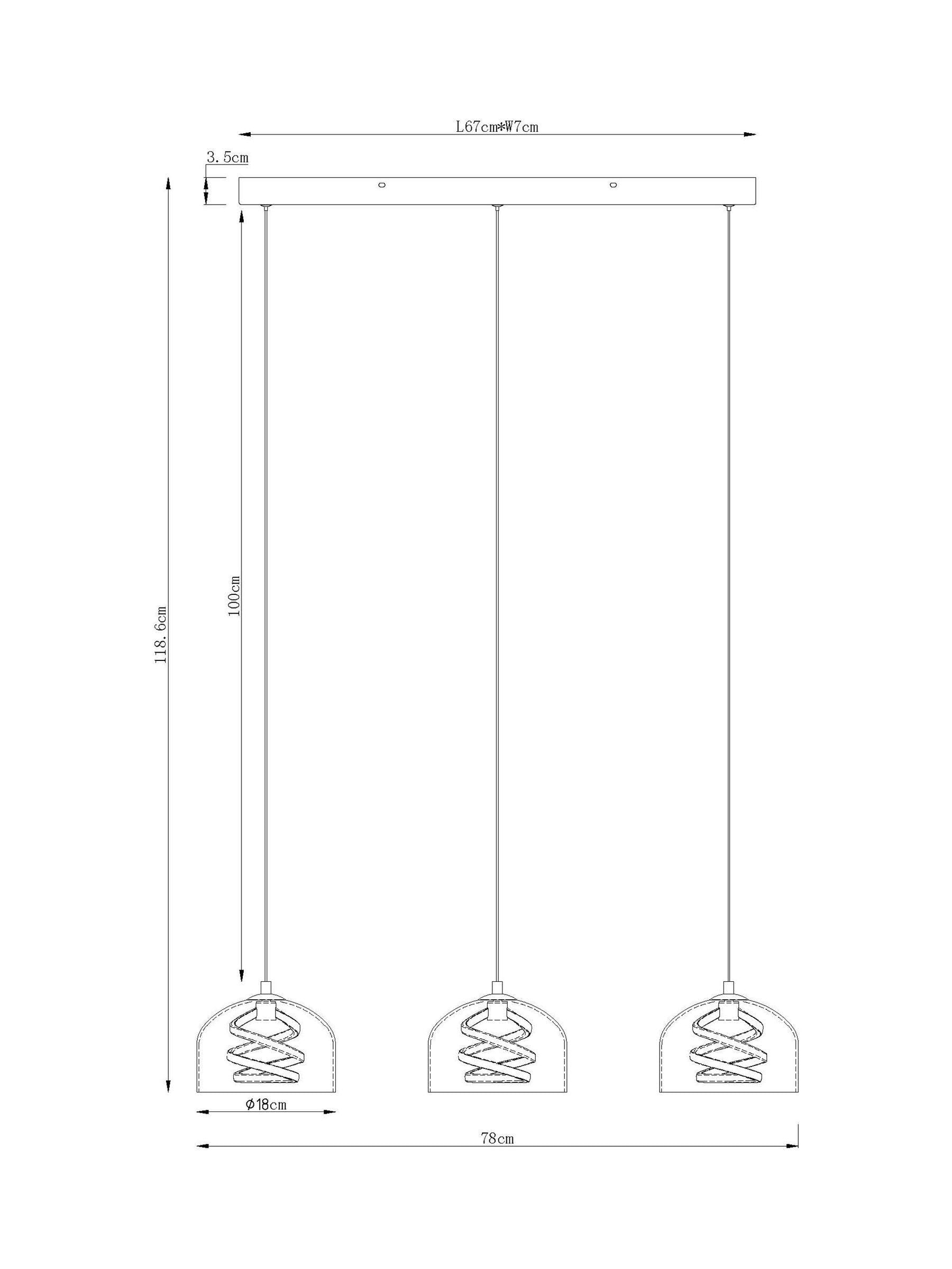 Smoke Grey Helix three-light linear ceiling pendant, UK version