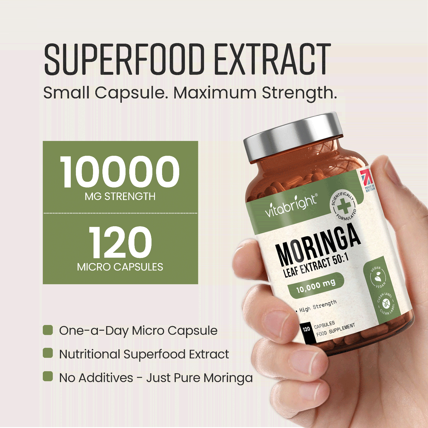 VitaBright Moringa leaf extract 10,000mg capsules 120 count, UK version