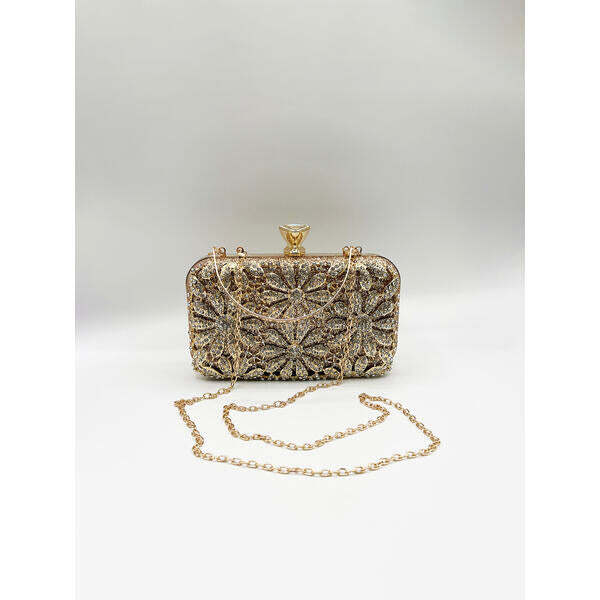 SVNX Daisy Embellished Clutch Bag gold, imported from the UK