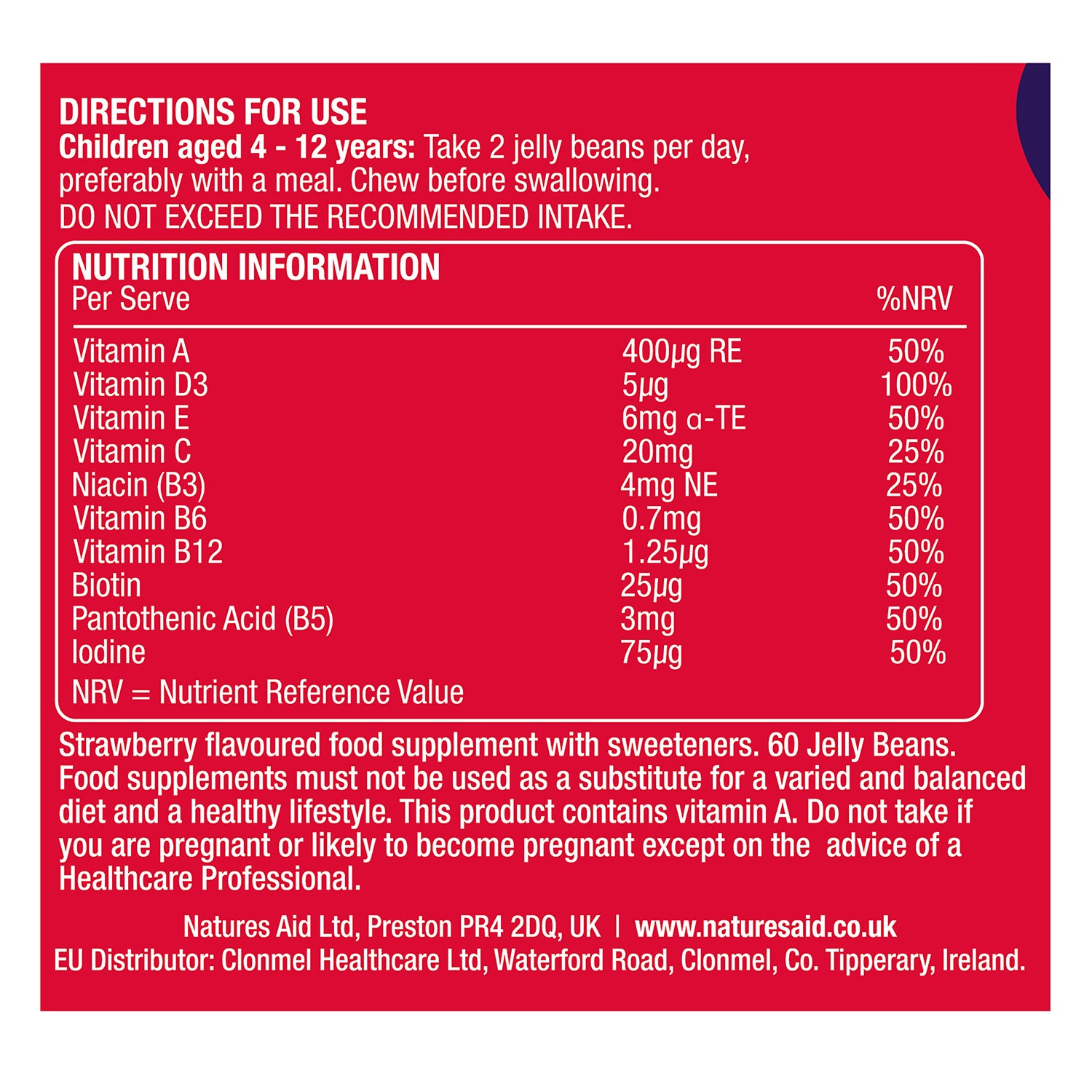 Natures Aid multivitamin jelly beans strawberry flavour 60 beans, imported from the UK