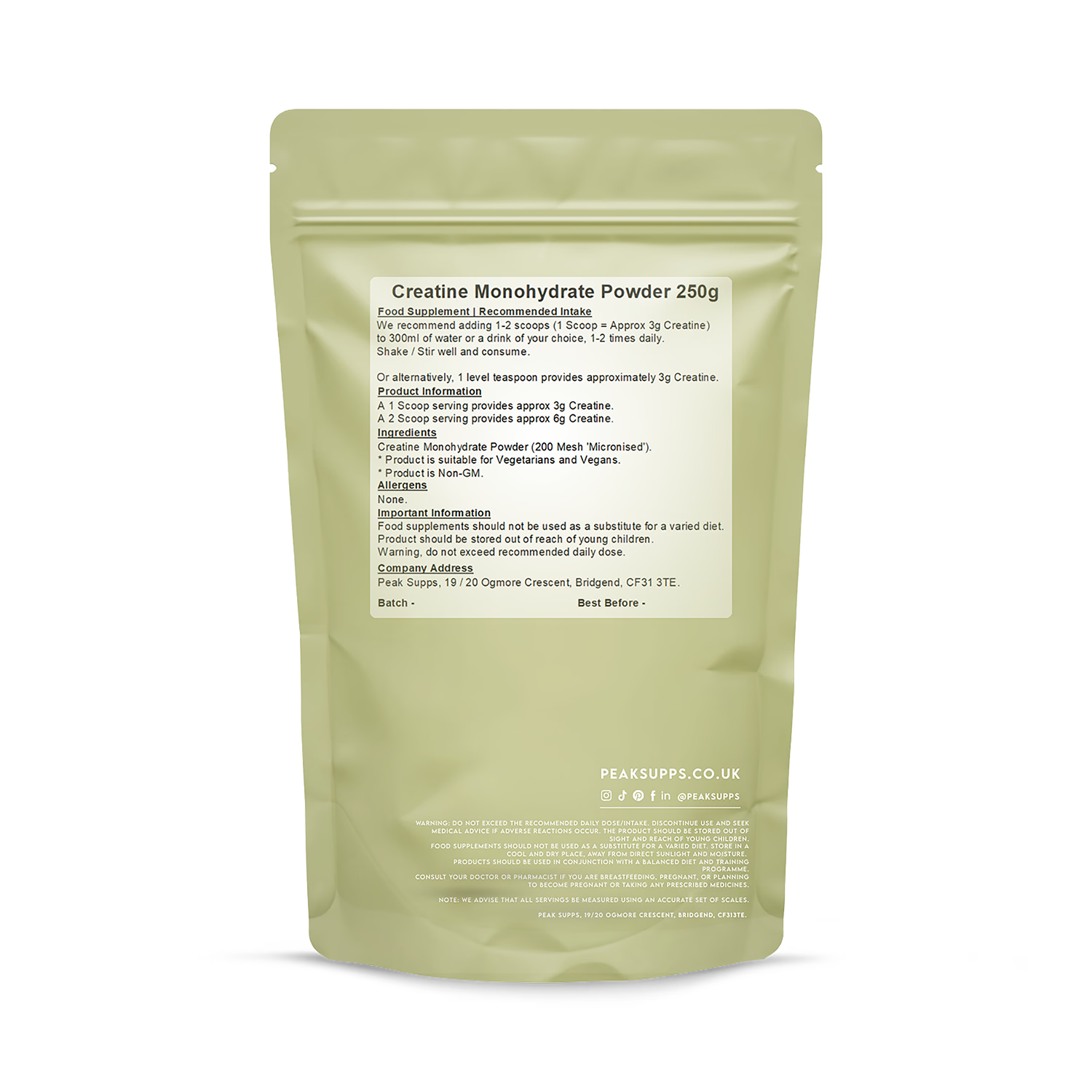 Peak Supps micronised creatine monohydrate powder 250g, UK version