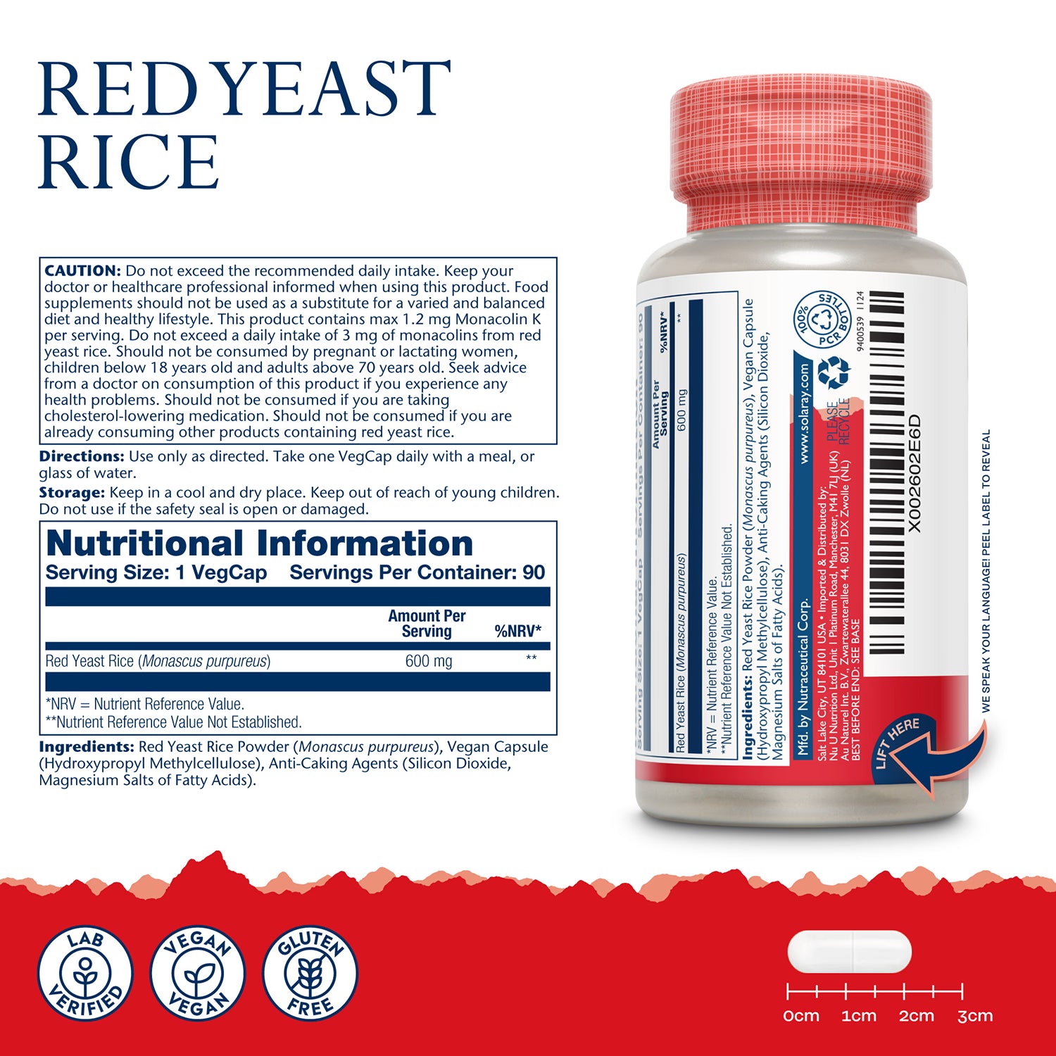 Solaray Red Yeast Rice supplement 600mg 90 capsules, UK version