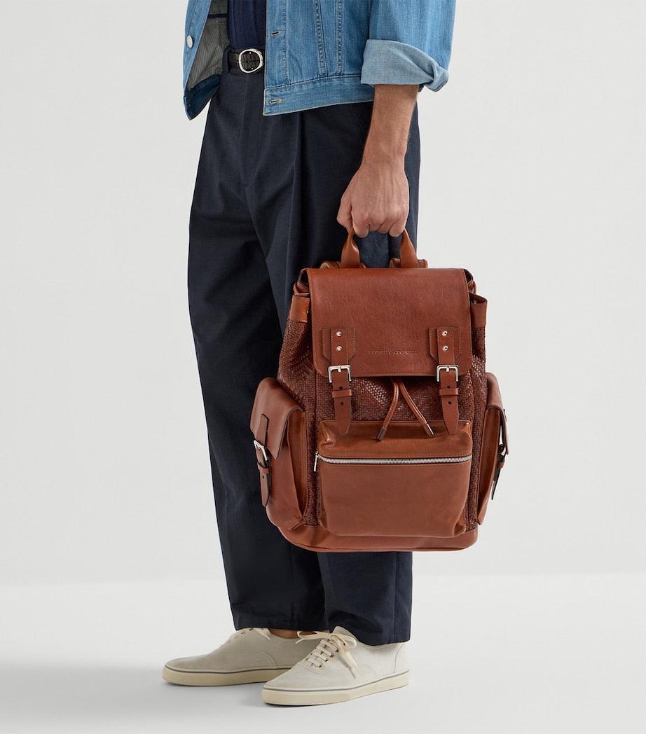 Brunello Cucinelli leather woven backpack with gold hardware - British product