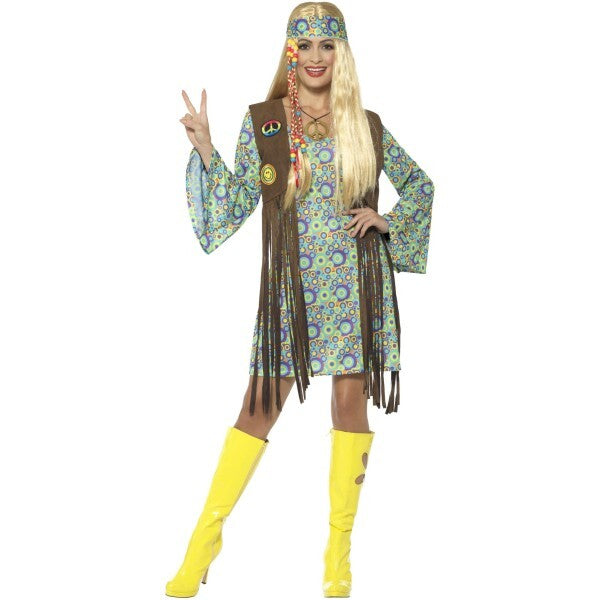 Smiffys 60s Hippie Chick Costume with dress, waistcoat, medallion, headband - British product
