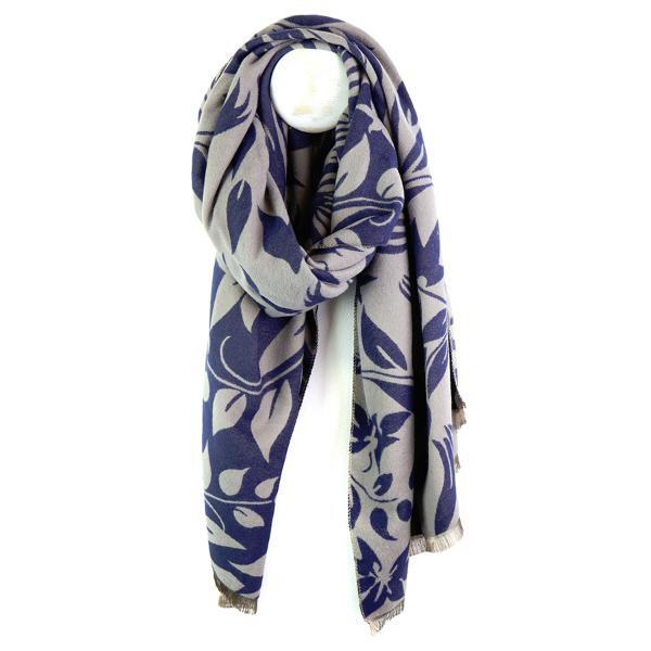 POM jacquard scarf blue and grey leaf silhouette, imported from the UK