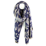 POM jacquard scarf blue and grey leaf silhouette, imported from the UK