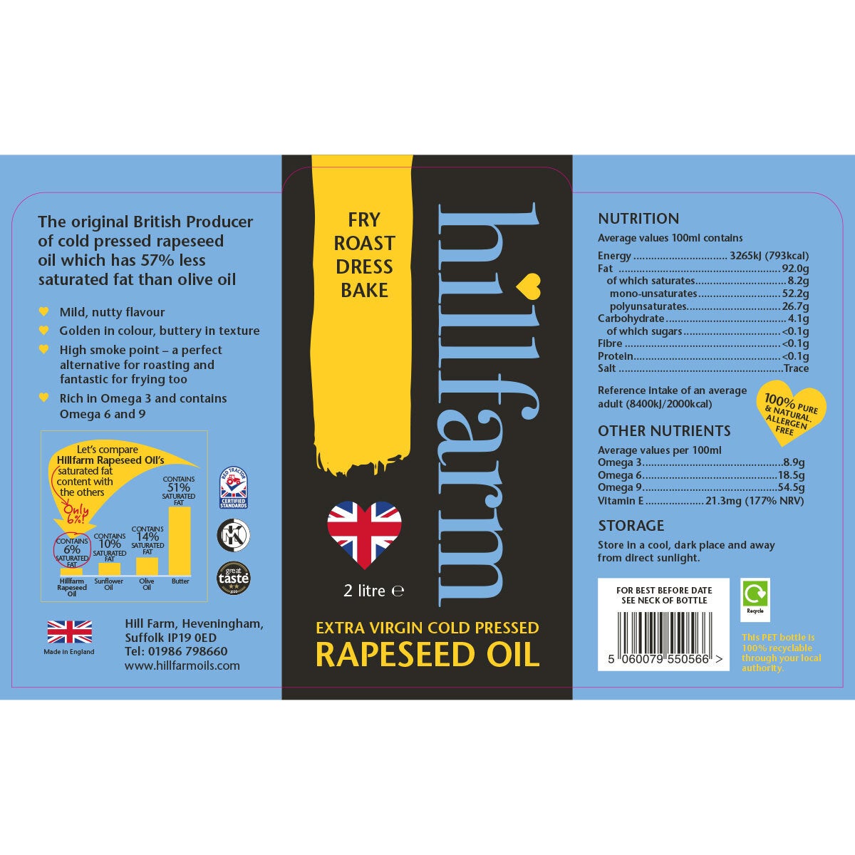 Hillfarm extra virgin cold pressed rapeseed oil 2L, UK version