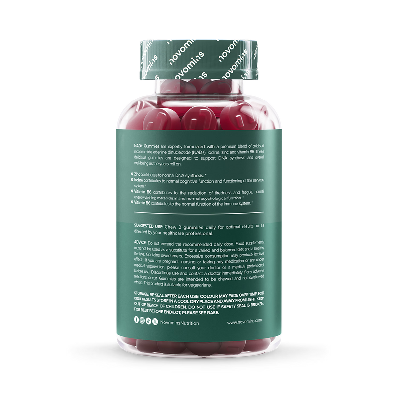 Novomins NAD+ blackberry flavour gummies 60 count, imported from the UK