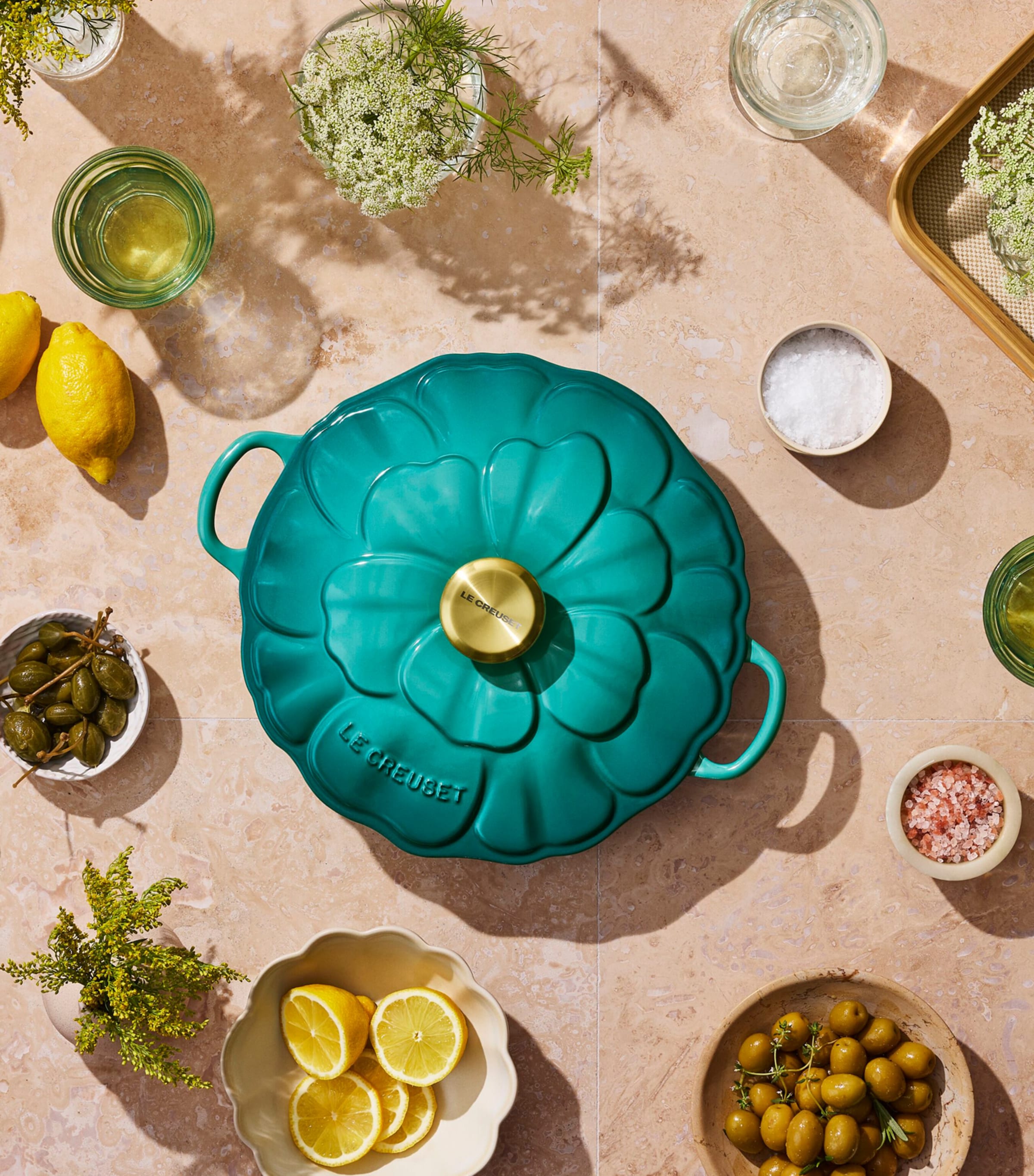 Le Creuset cast iron petal shallow casserole 26cm, imported from the UK
