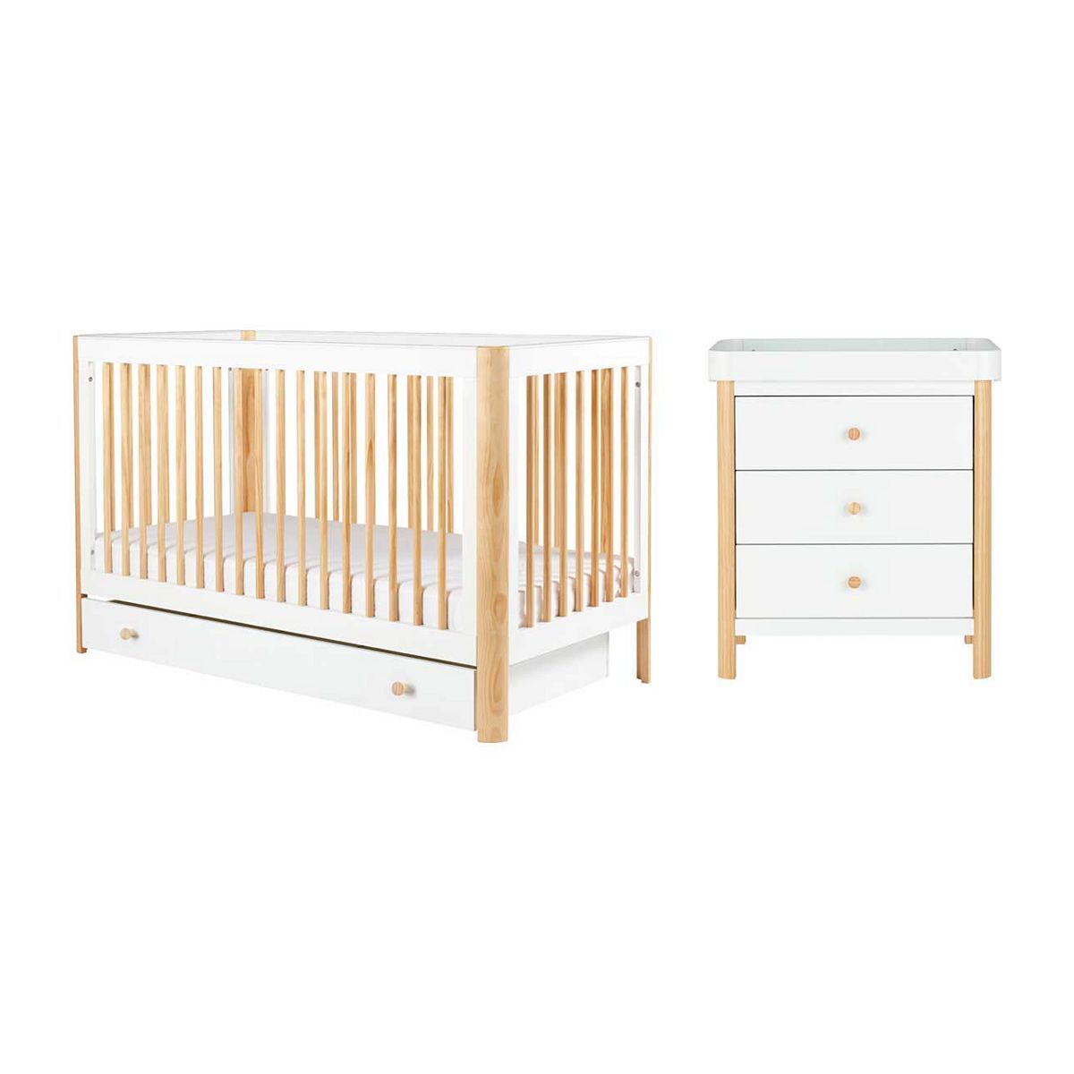 Ickle Bubba Tenby Cot Bed, Under Drawer and Changing Unit - Scandi White GOODS Boots   