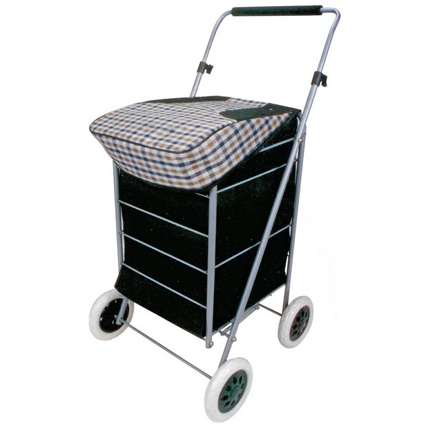 Black and check print folding shopping trolley with 4 wheels - British product