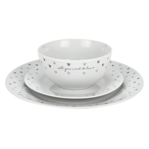Argos Home grey hearts dinner set 12 piece, UK version