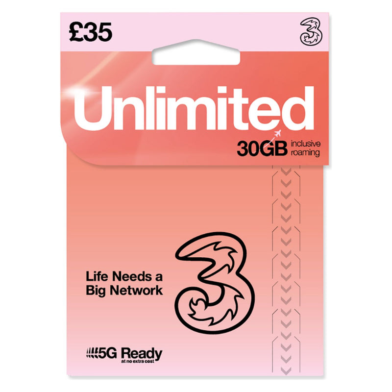 Three Unlimited PAYG SIM card (British brand)