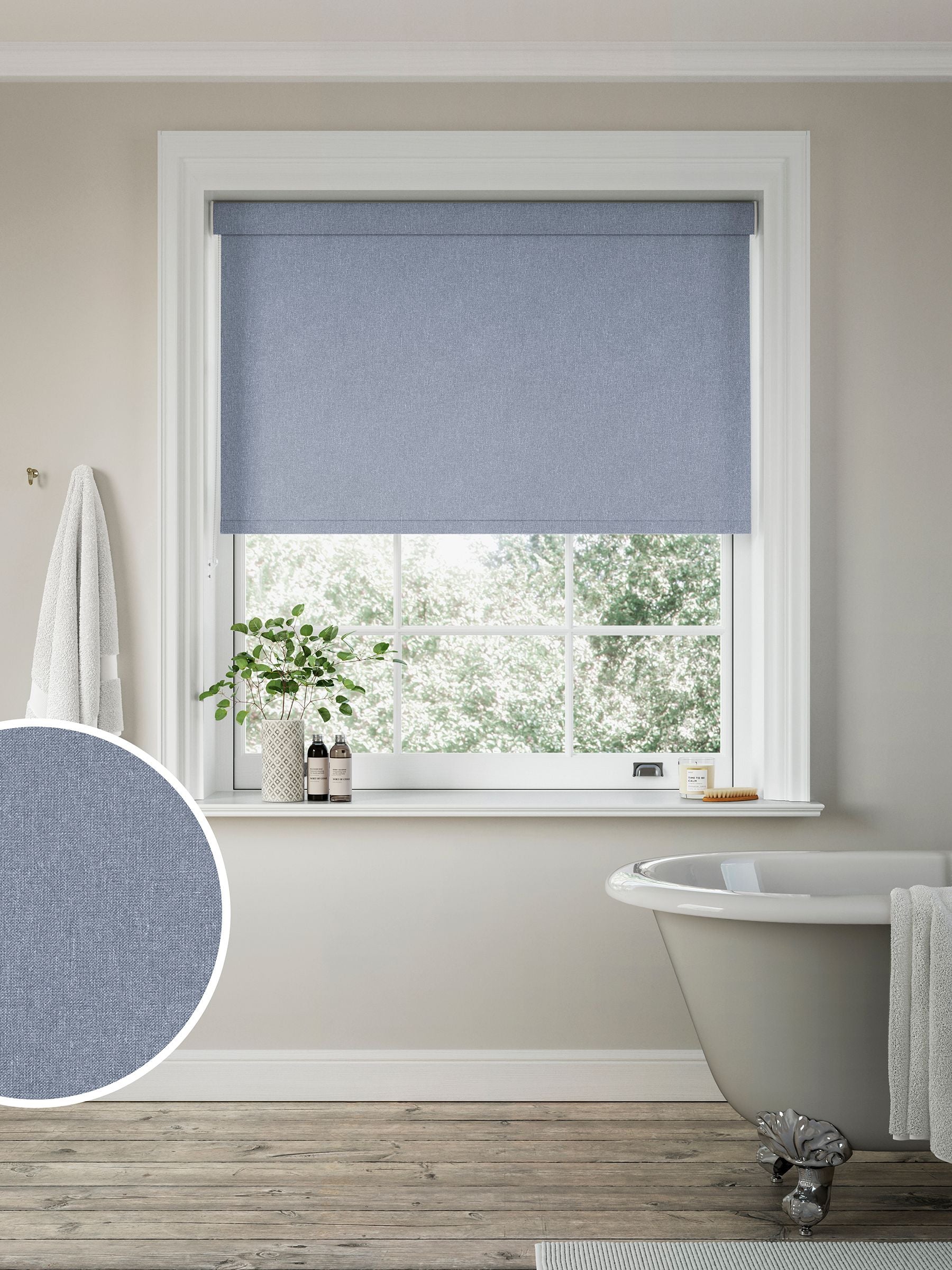 Next Denim Blue made to measure roller blind, imported from the UK