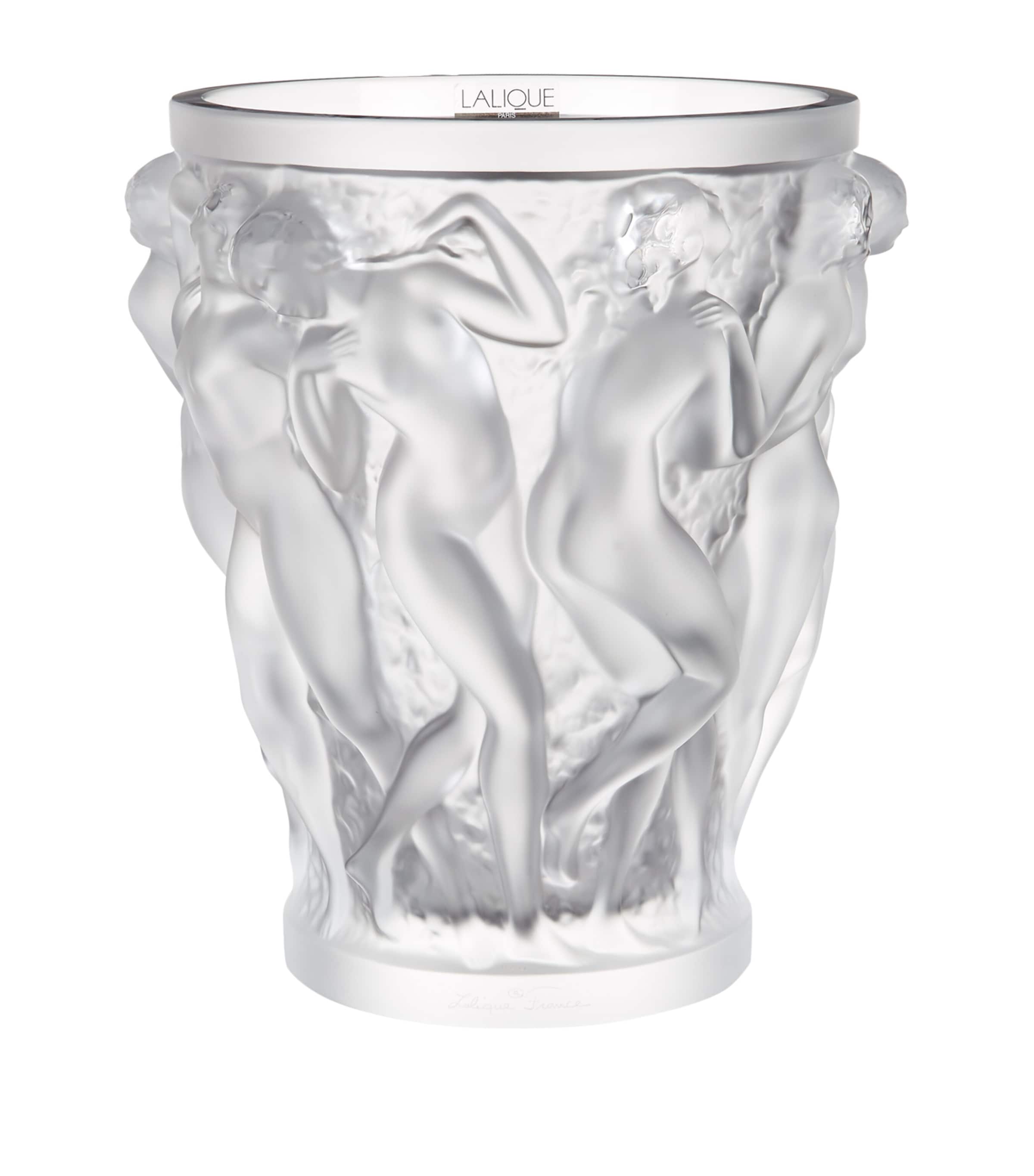 Lalique crystal vase with embossed Bacchus design 24cm height, UK version