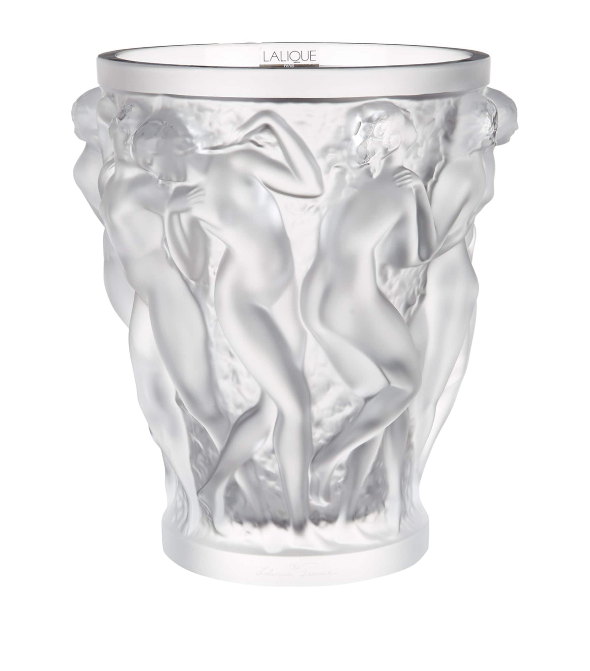 Lalique crystal vase with embossed Bacchus design 24cm height, UK version