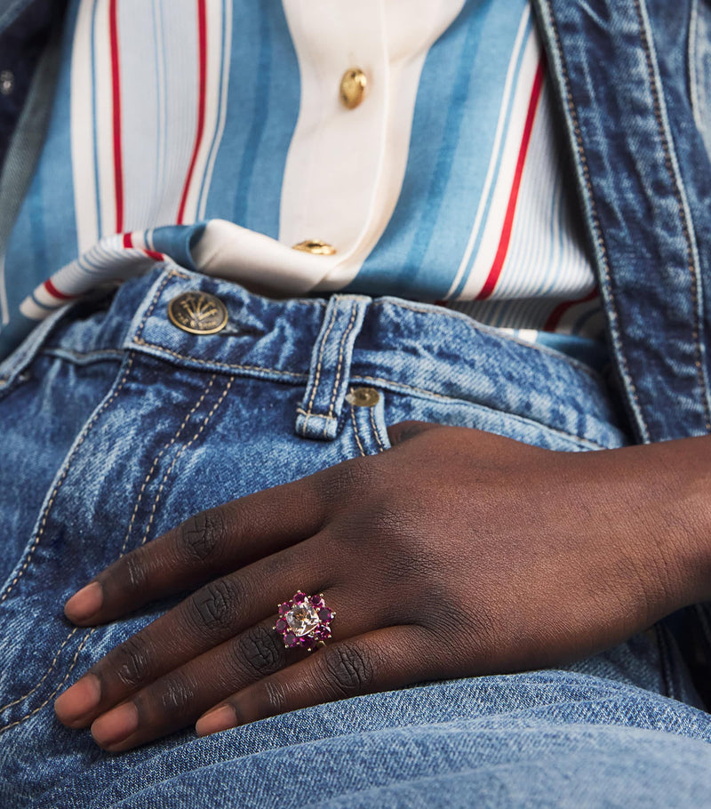 Jennifer Meyer yellow gold and rubellite flower ring, imported from the UK