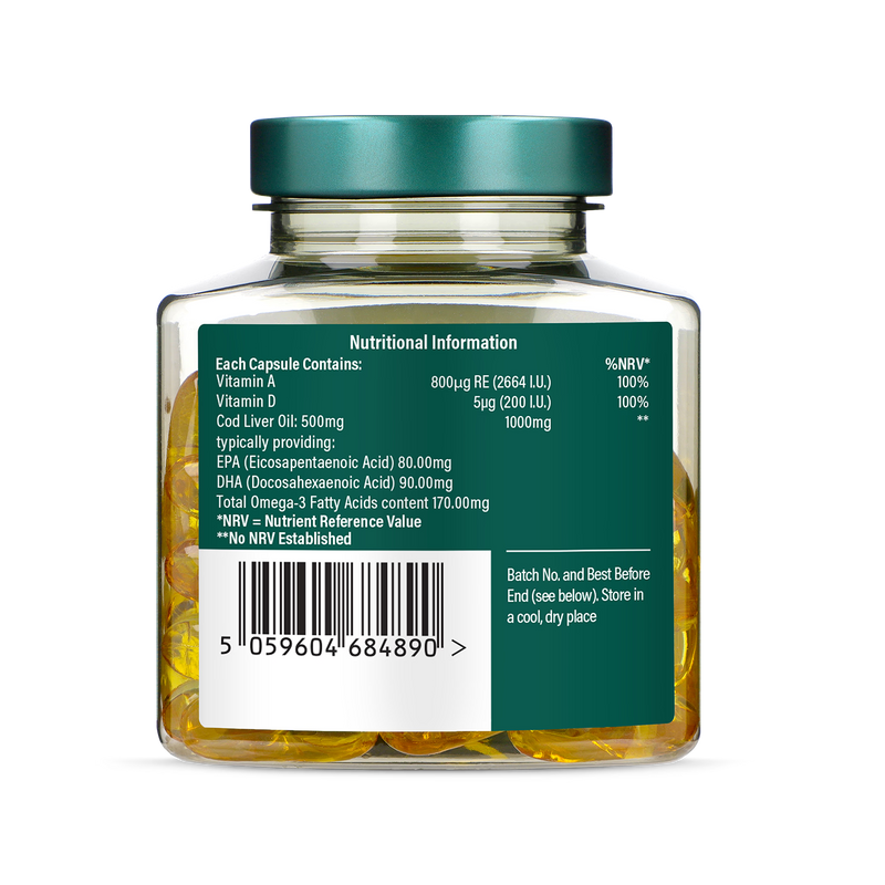 Holland & Barrett cod liver oil capsules 60 count, UK version