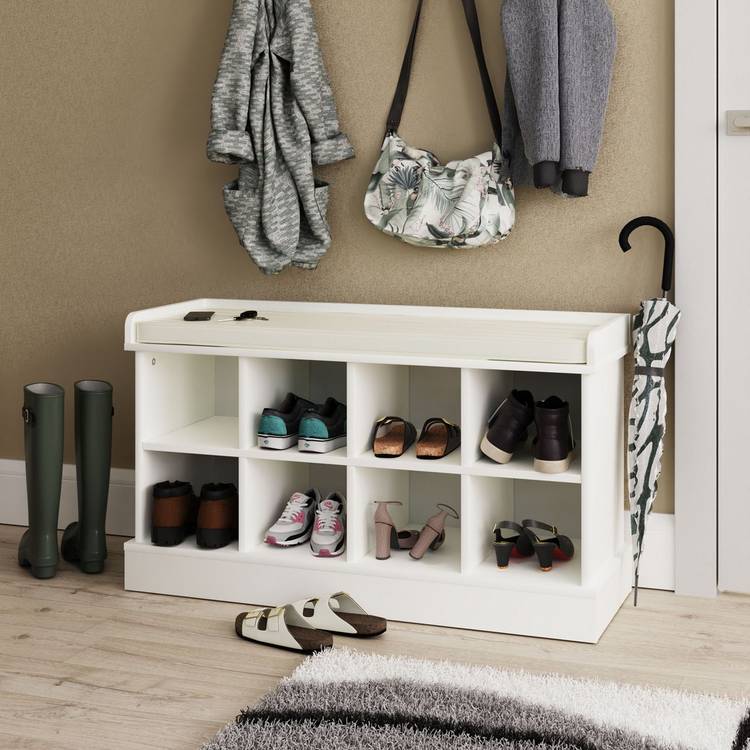 Kempton shoe bench in white finish with cushioned seat - British product