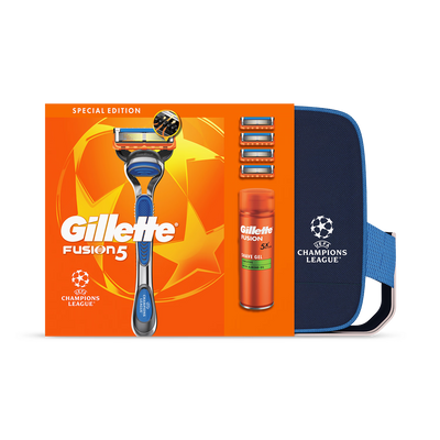 Holland & Barrett Gillette Fusion5 UCL Razor Set for Men with 1 Razor, 3 Replacement Blades, Shave Gel 200ml, and Washbag- Buy online at McGrocer